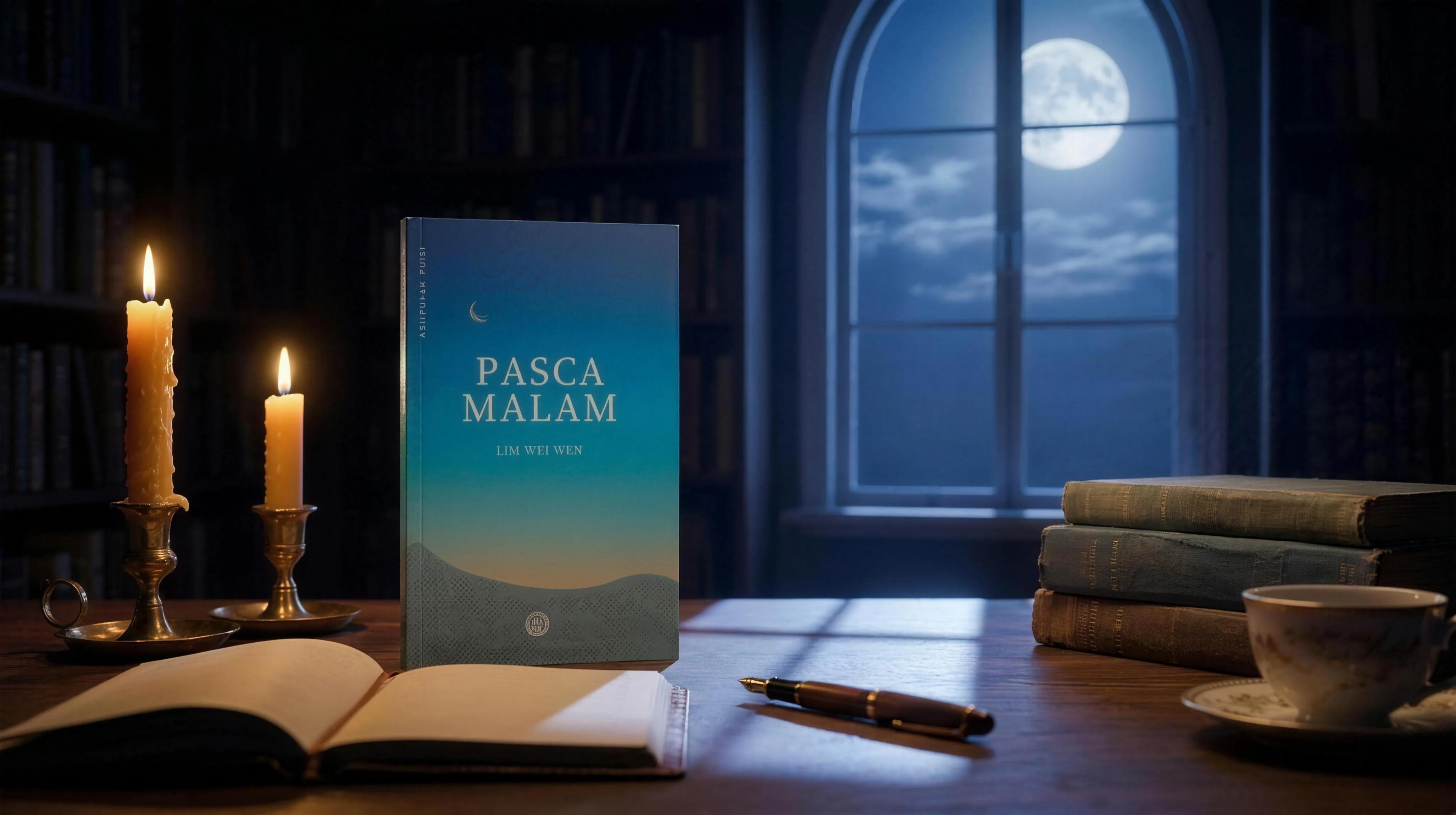 Buku puisi berdiri di atas meja kayu, cahaya pagi menembusi tirai.